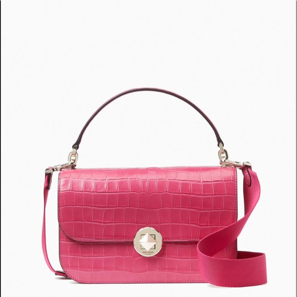 ♠️Kate Spade Audrey Croc Embossed Leather Flap Crossbody Satchel Bag, Pink NWT - Picture 2 of 7